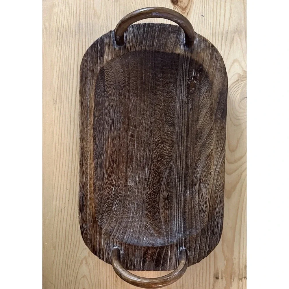 Vintage Rustic Carved Dark Wood‎ Serving Tray w/ High Handles Cottage Primitive
